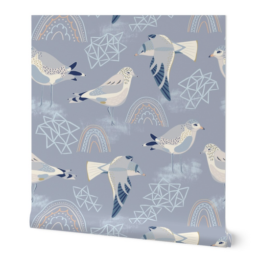 Cute Coastal Gulls and Rainbows Nursery Wallpaper