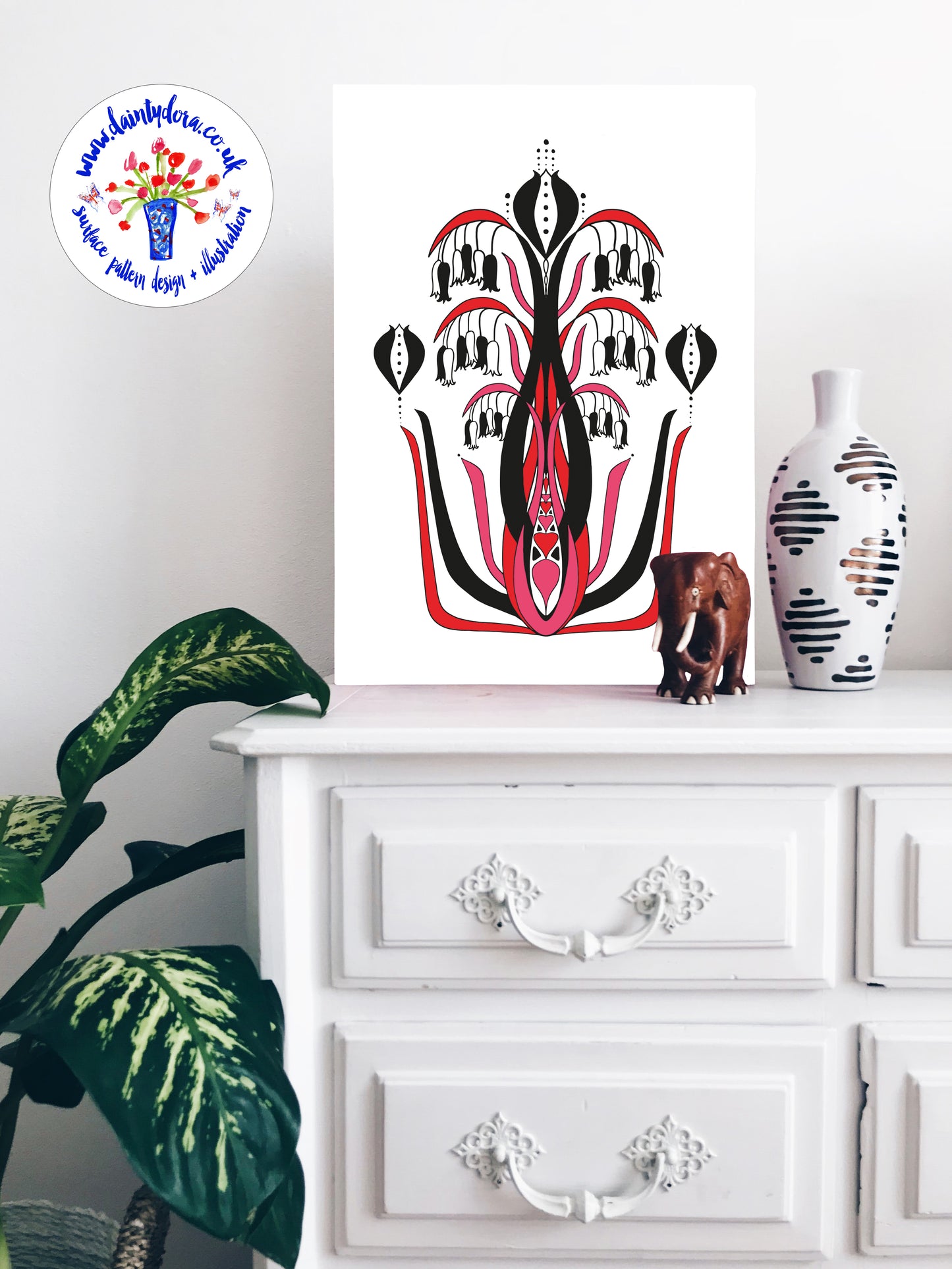 Art Nouveau Bluebell Illustration - Black/Red/Pink - A4