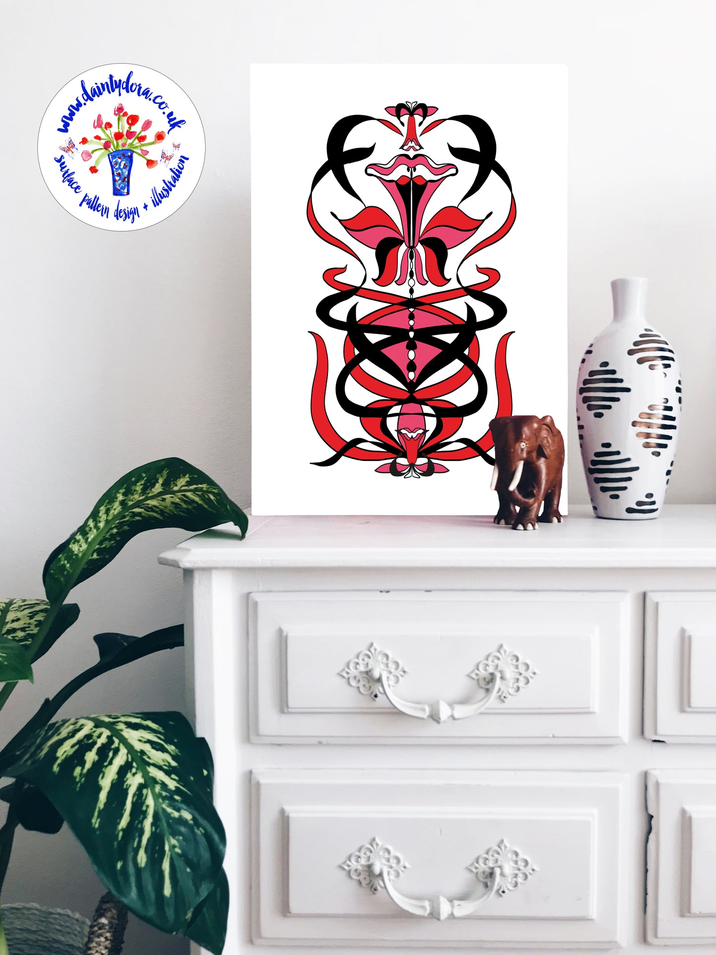 Art Nouveau Daffodil Illustration - Black/Red/Pink - A4