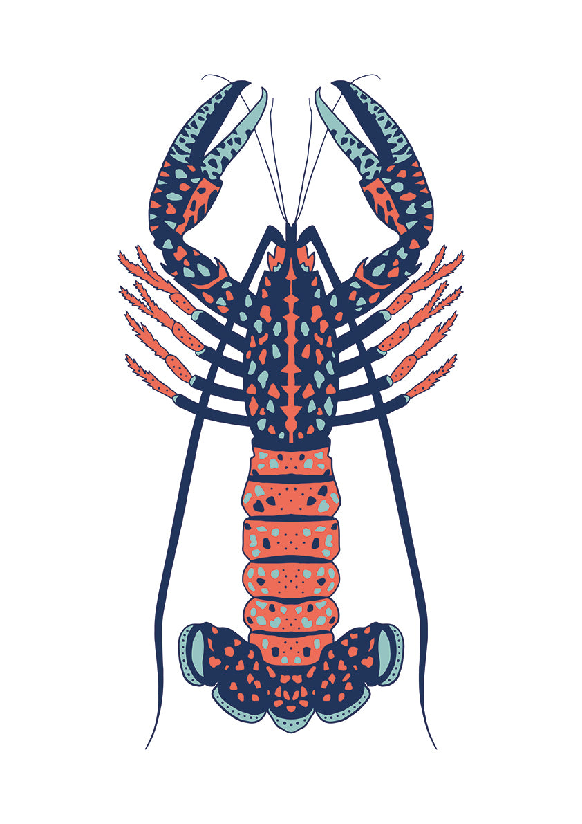 Coastal Chic Lobster Illustration A4 - Gold/Navy/Seawater Blue