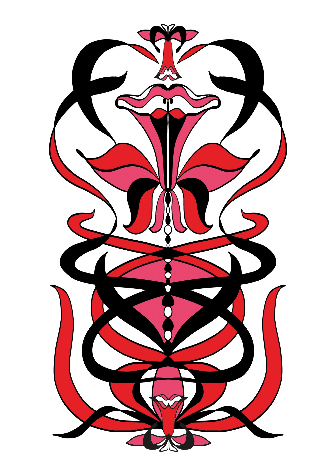 Art Nouveau Daffodil Illustration - Black/Red/Pink - A4