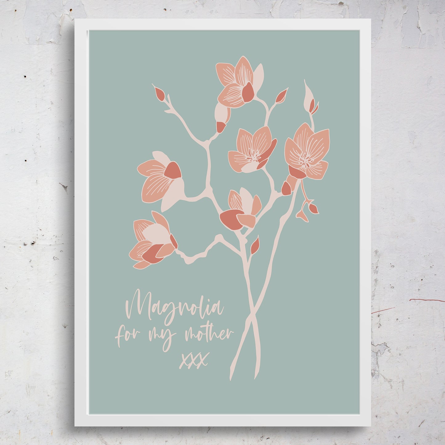 Magnolia for my Mother floral illustration - Mint Green/Pink - A4