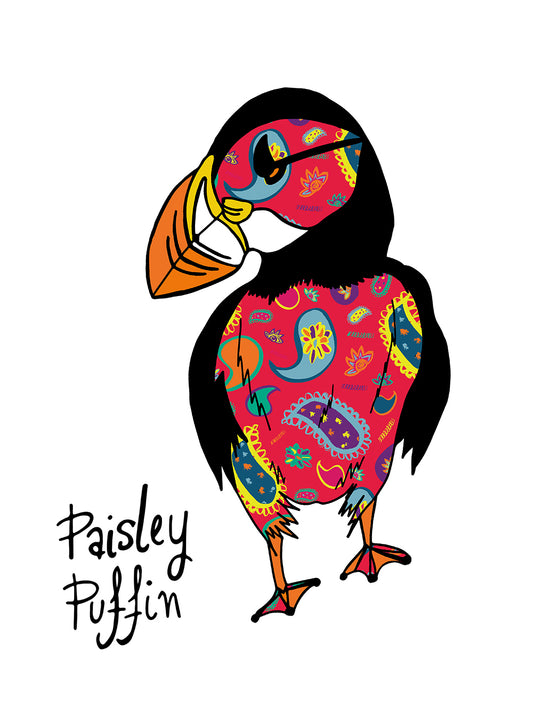PAISLEY PUFFIN A4 illustration - Red