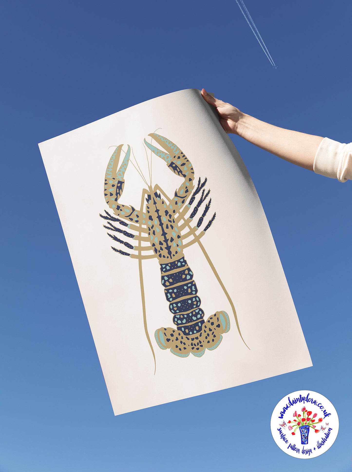 Coastal Chic Lobster Illustration A4 - Coral/Navy/Seawater Blue