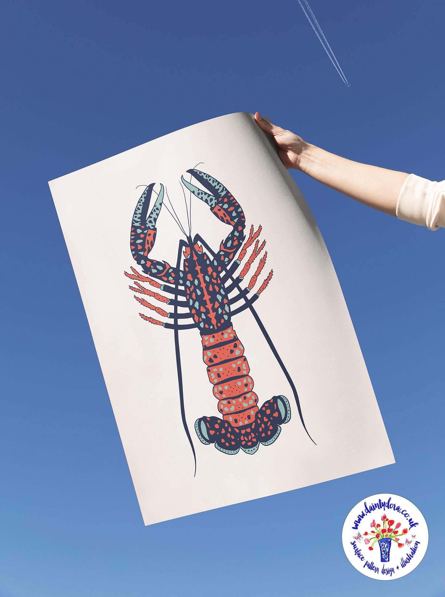 Coastal Chic Lobster Illustration A4 - Coral/Navy/Seawater Blue