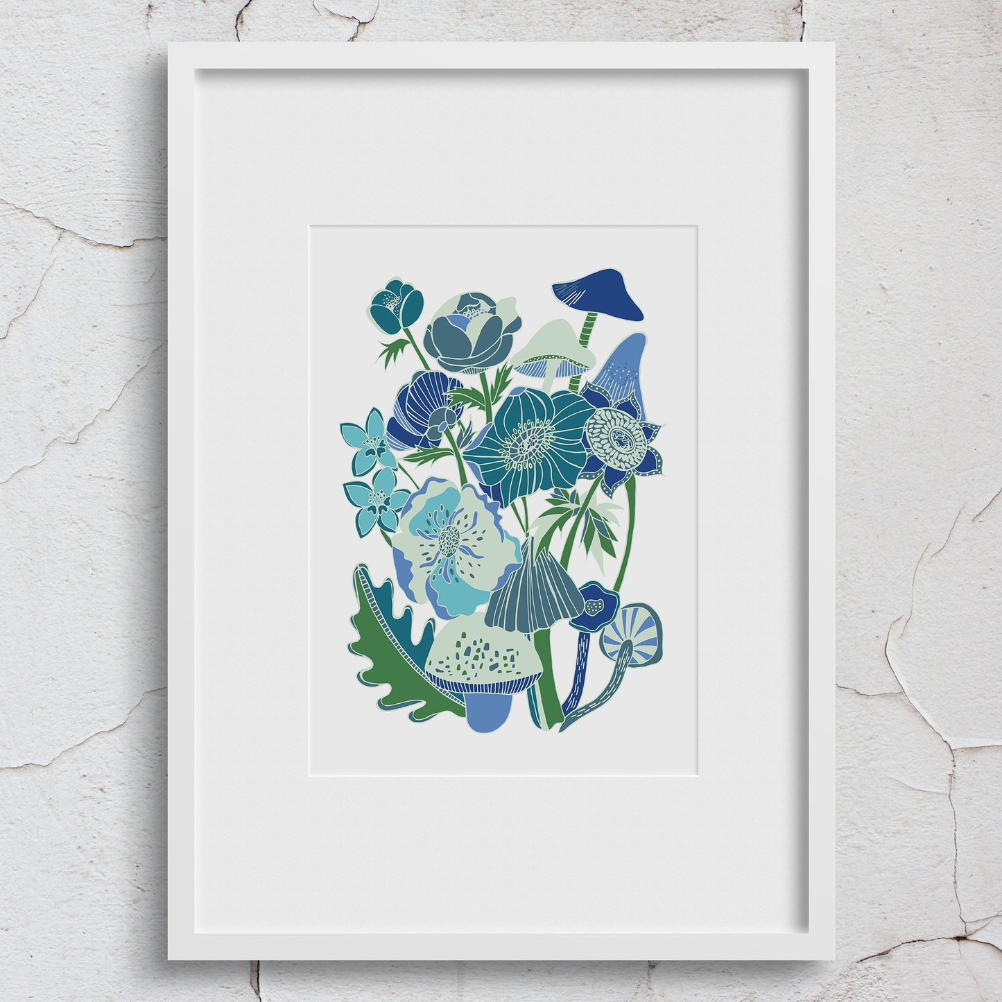 Toadstool Flora & Fauna Stylised Art Print - Cool Blues - A4