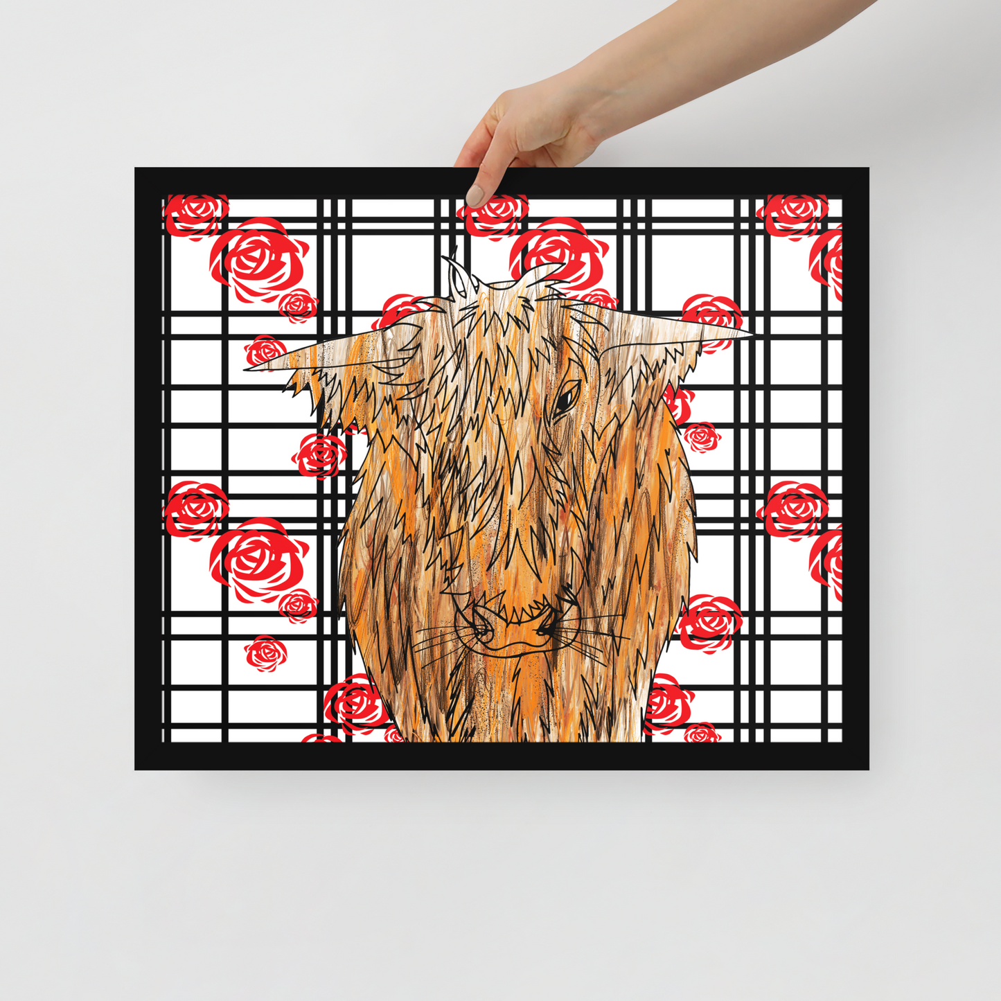 Highland Cow Mackintosh Rose Check Framed Art Print - White