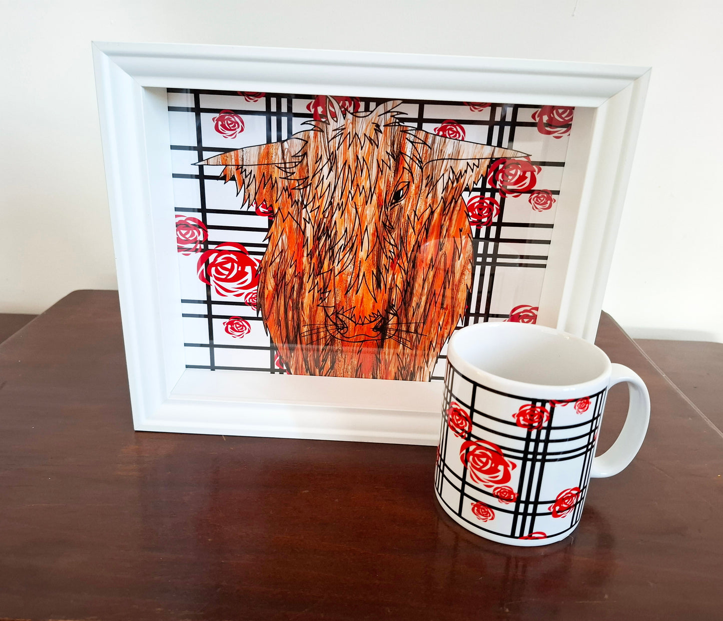 Highland Cow Mackintosh Rose Check Framed Art + Mug Bundle