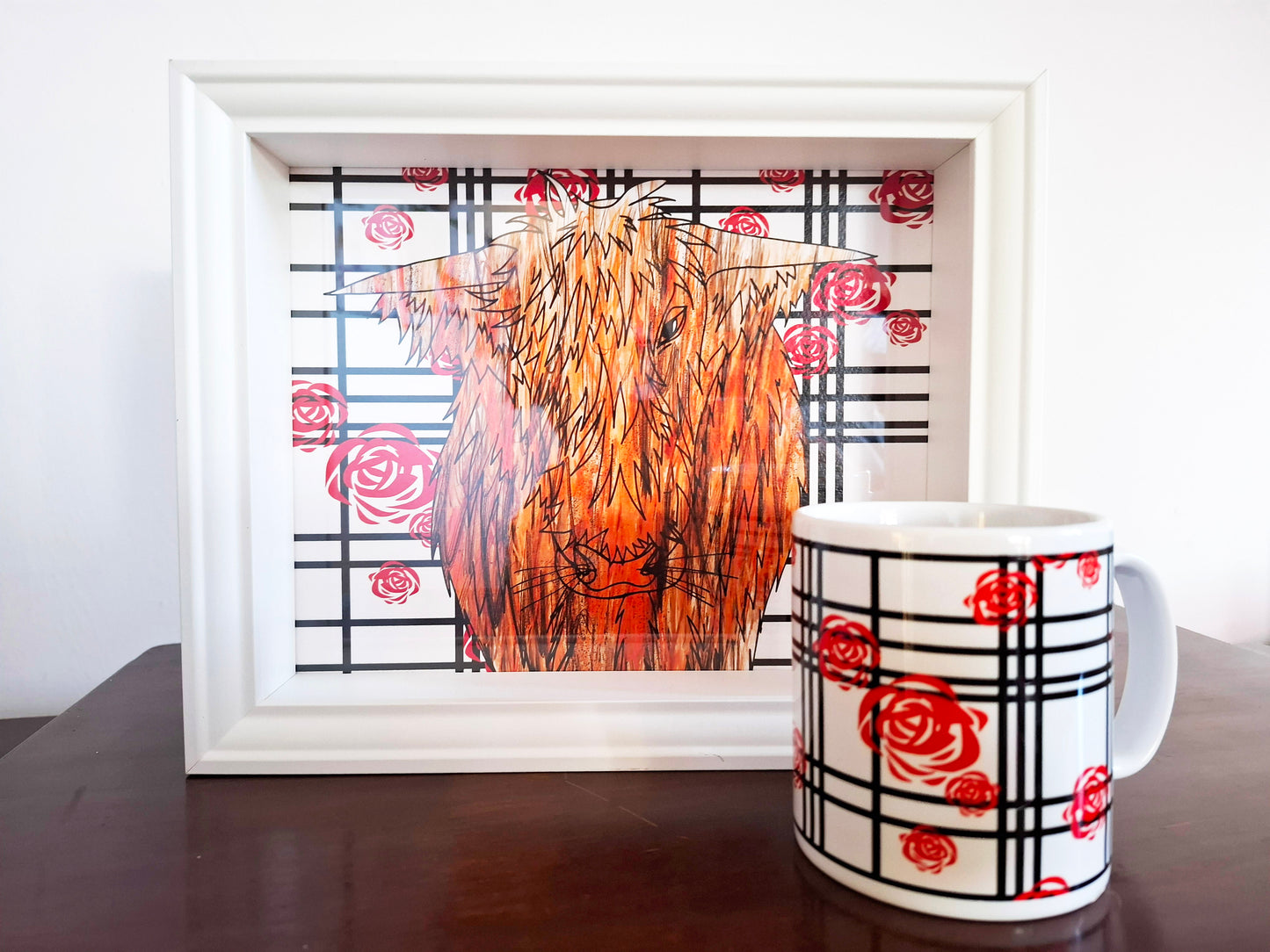 Highland Cow Mackintosh Rose Check Framed Art + Mug Bundle