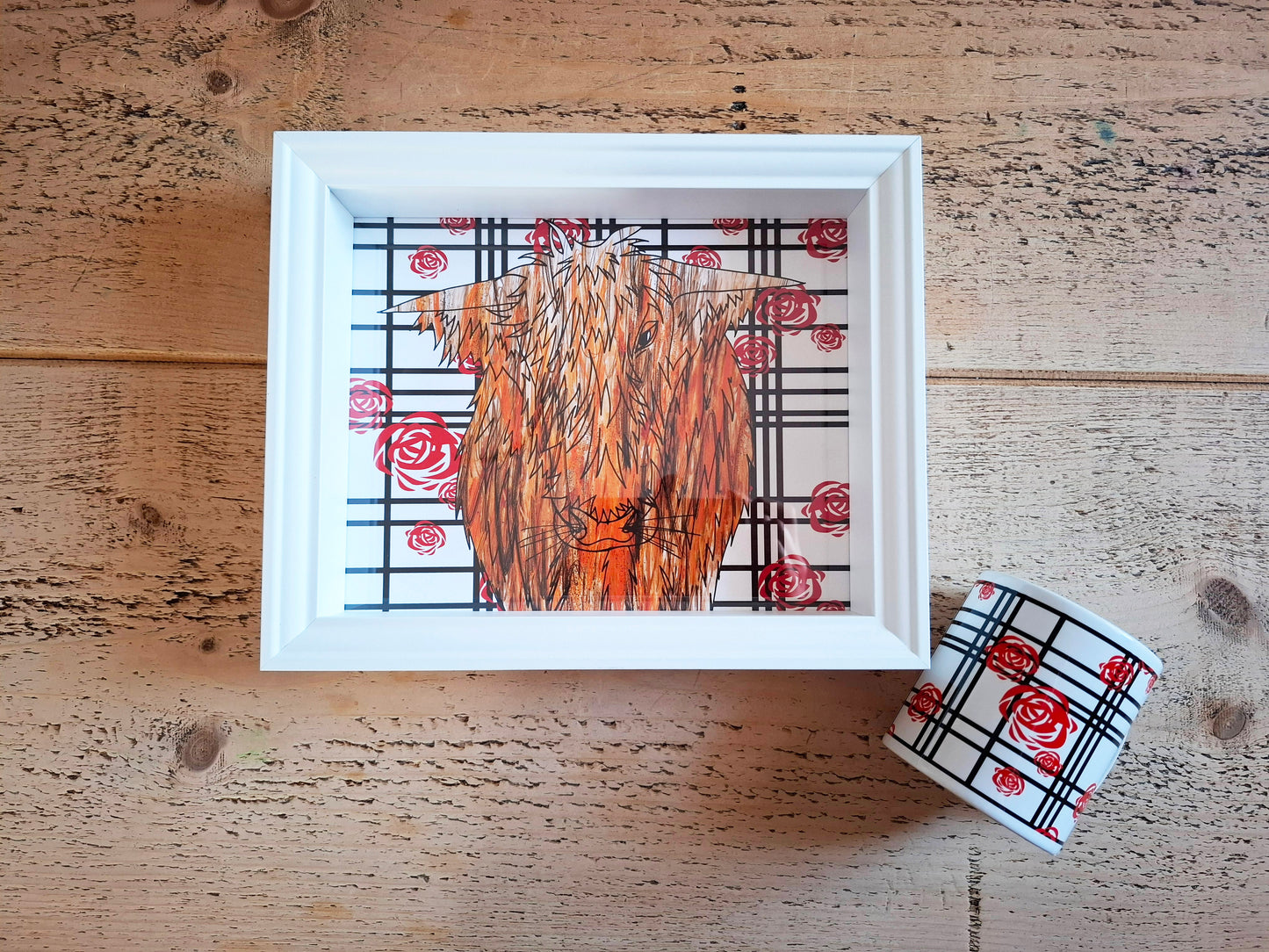 Highland Cow Mackintosh Rose Check Framed Art + Mug Bundle