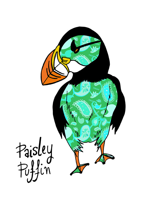 PAISLEY PUFFIN A4 illustration - Green