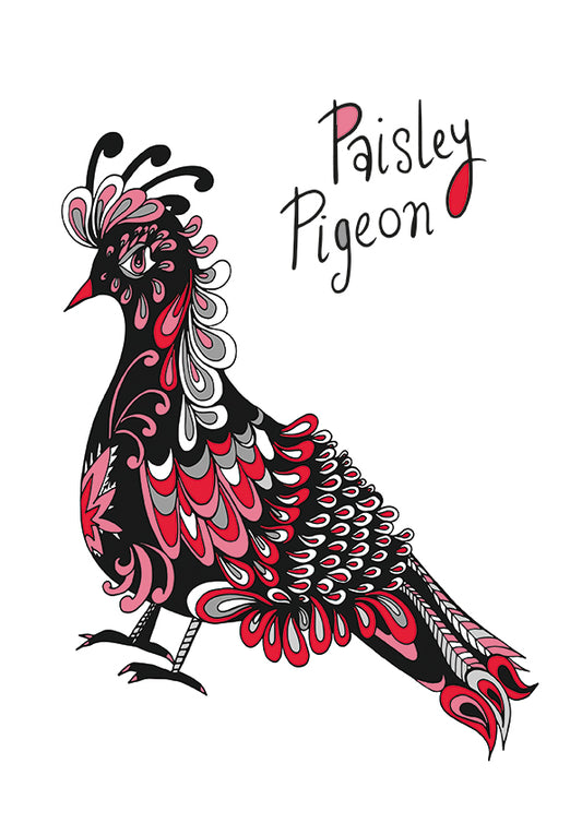 PAISLEY PIGEON A4 illustration - Red/Pink/Black
