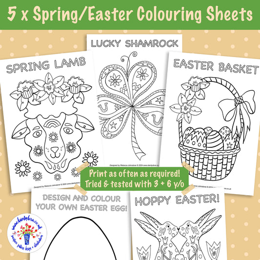 Spring/Easter Colouring Sheets x 5 Fun Designs - Instant Digital Download