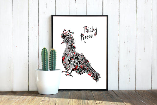 PAISLEY PIGEON A4 illustration - Grey/Green/Red