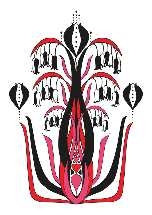 Art Nouveau Bluebell Illustration - Black/Red/Pink - A4