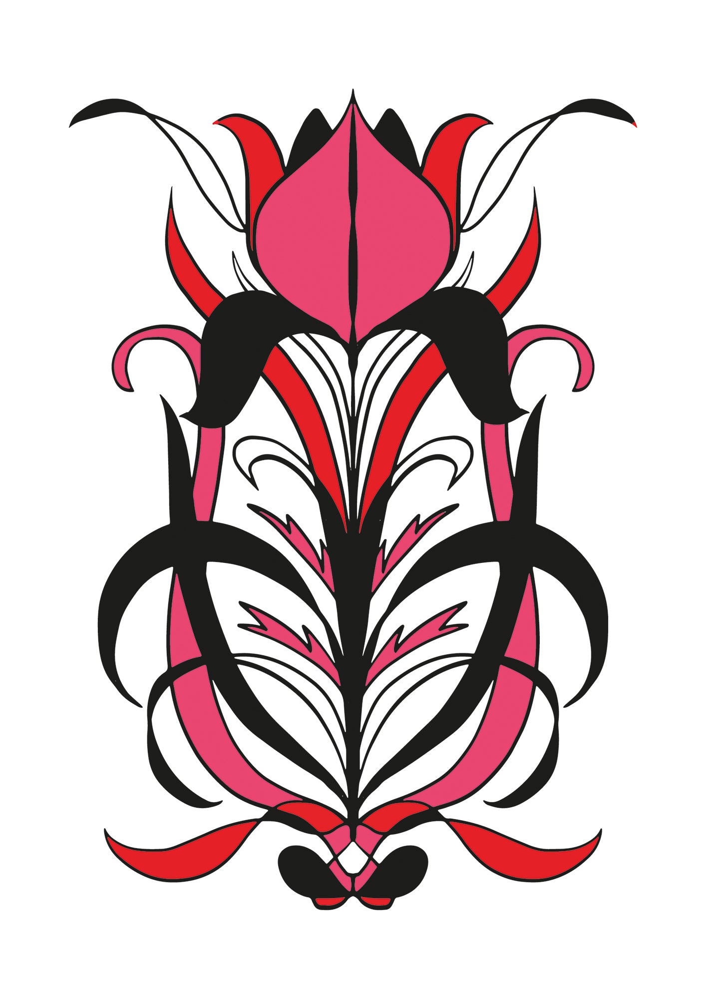 Art Nouveau Iris Illustration - Black/Red/Pink - A4