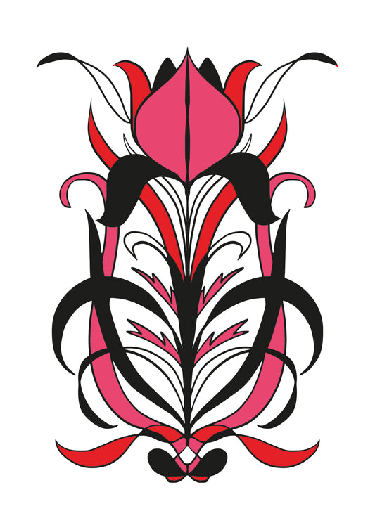 Art Nouveau Iris Illustration - Black/Red/Pink - A4