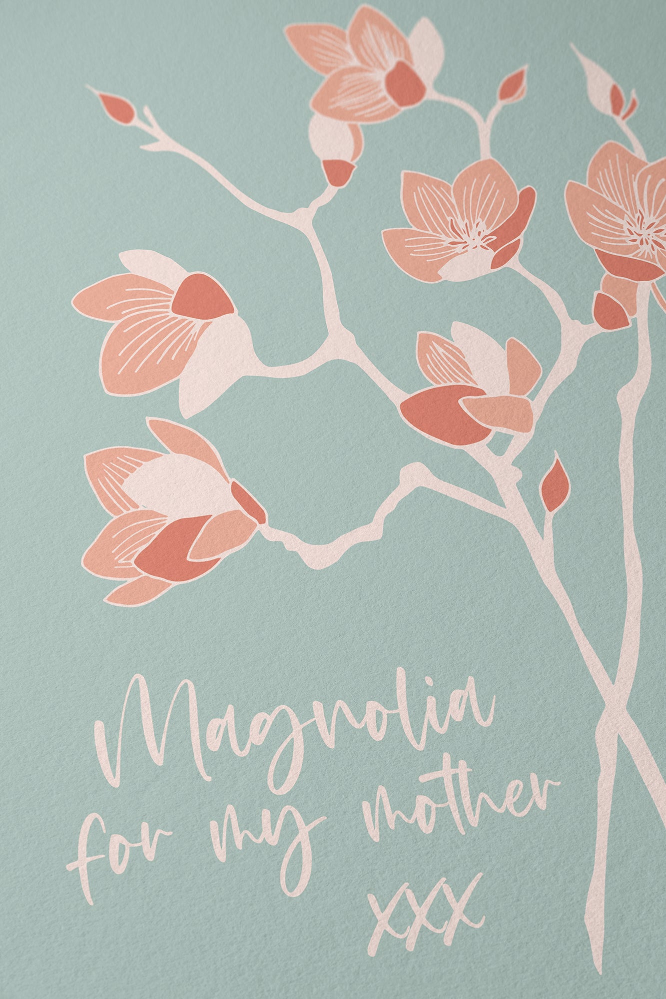 Magnolia for my Mother floral illustration - Mint Green/Pink - A4