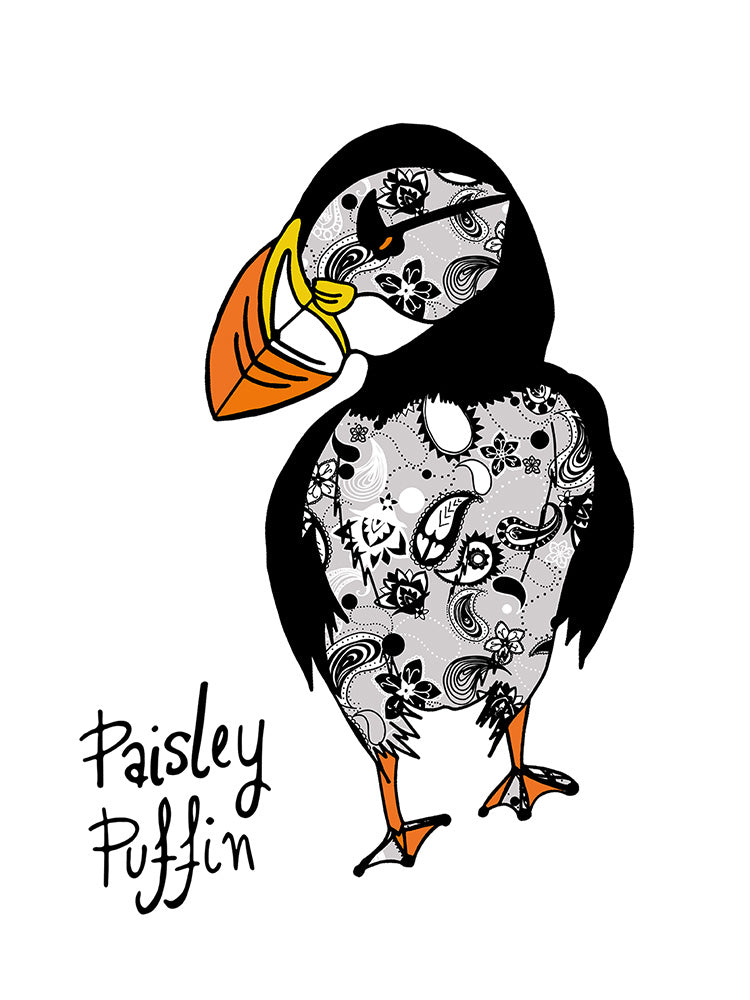 PAISLEY PUFFIN A4 illustration - Grey