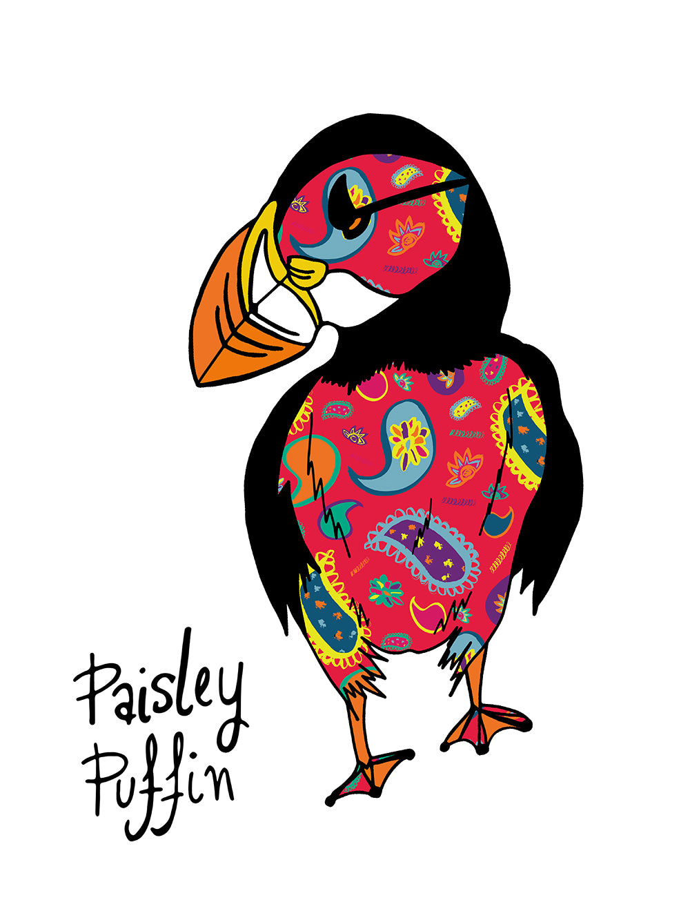 PAISLEY PUFFIN A4 illustration - Red
