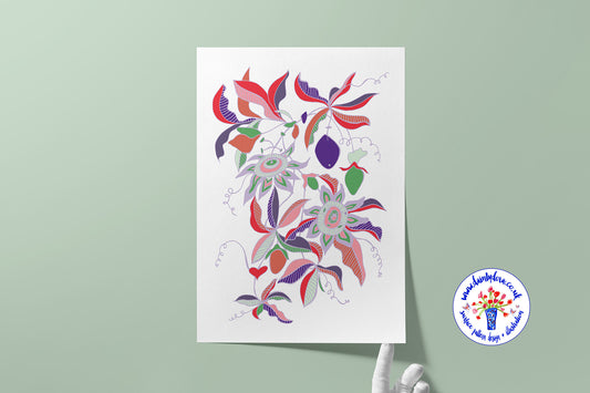 Passionflower 'Passiflora' Stylised Floral Art Print - Pastels - A4