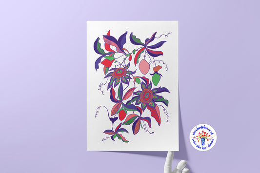 Passionflower 'Passiflora' Stylised Floral Art Print - Vibrant Maximalist - A4