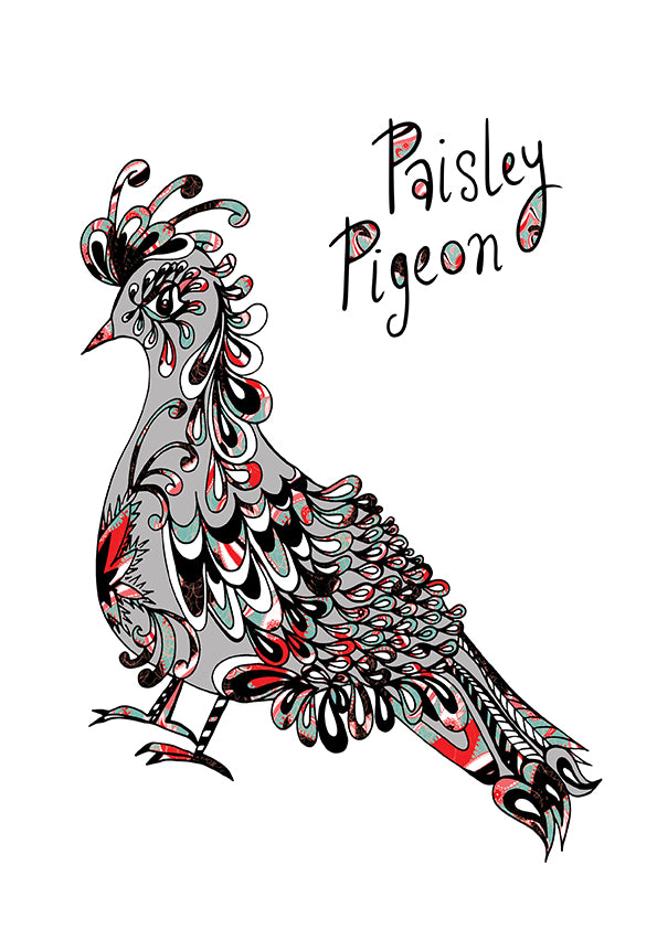 PAISLEY PIGEON A4 illustration - Grey/Green/Red