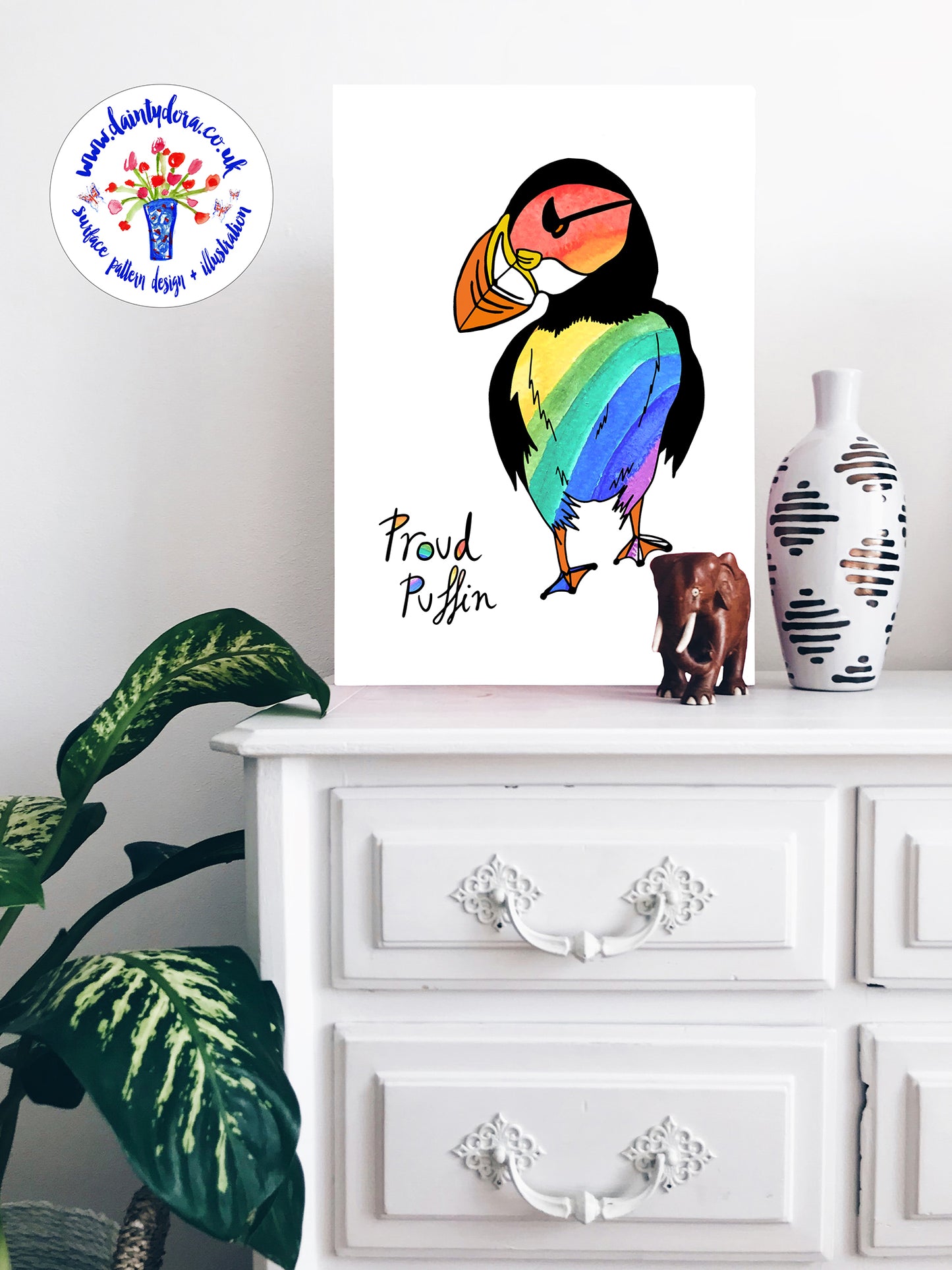 PROUD PUFFIN A4 illustration - Watercolour Rainbow