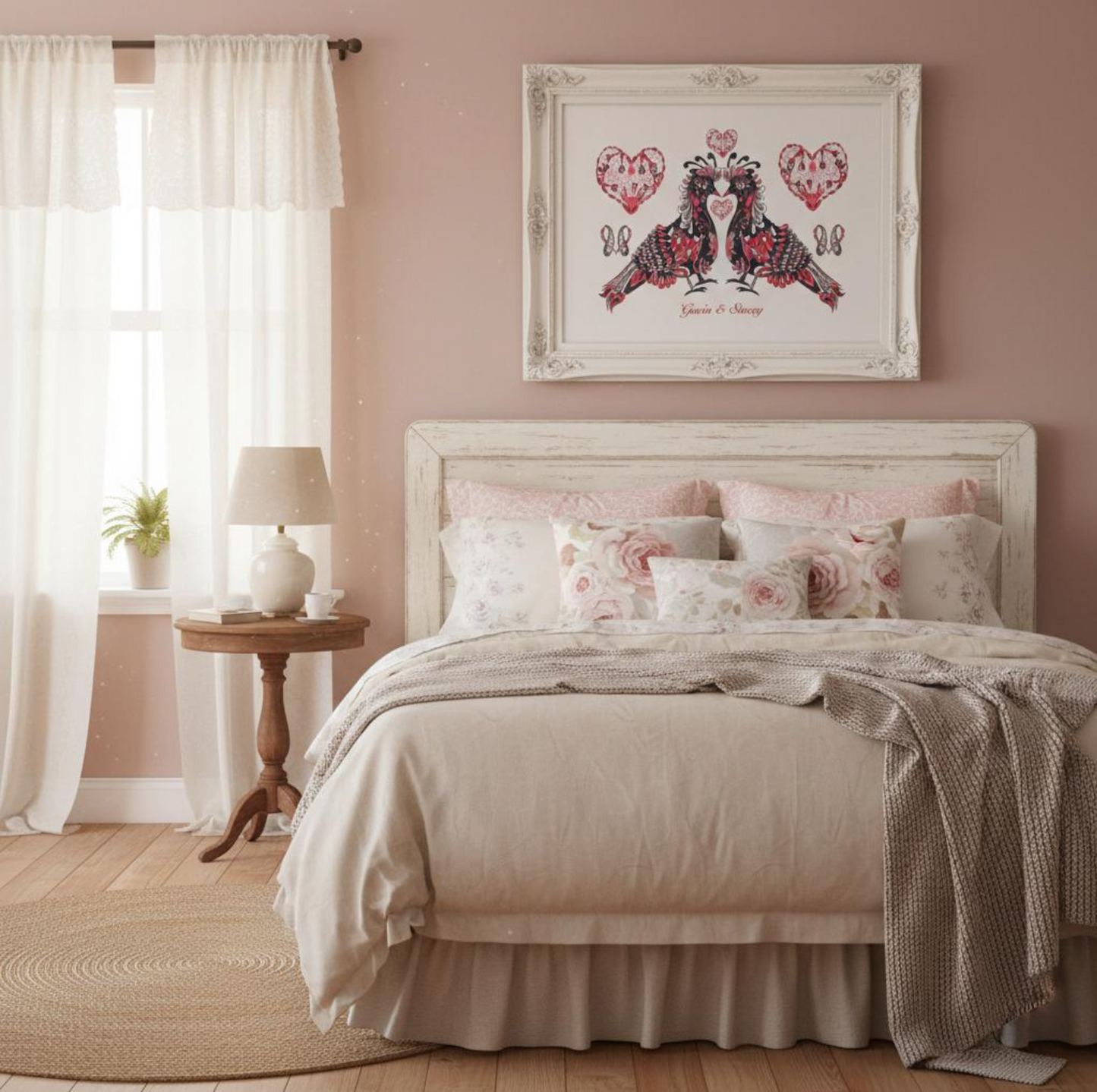 Paisley Love Pigeons Personalised Fine Art Print - Romantic Gift for Couples