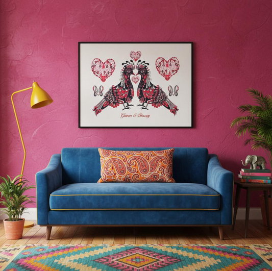 Paisley Love Pigeons Personalised Fine Art Print - Romantic Gift for Couples