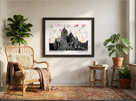 Thomas Coats Memorial Church Framed Print – Vintage Black & White Photography with Vibrant Rainbow Paisley Pattern