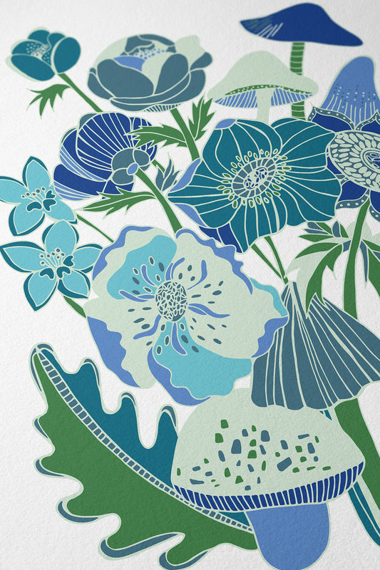 Toadstool Flora & Fauna Stylised Art Print - Cool Blues - A4