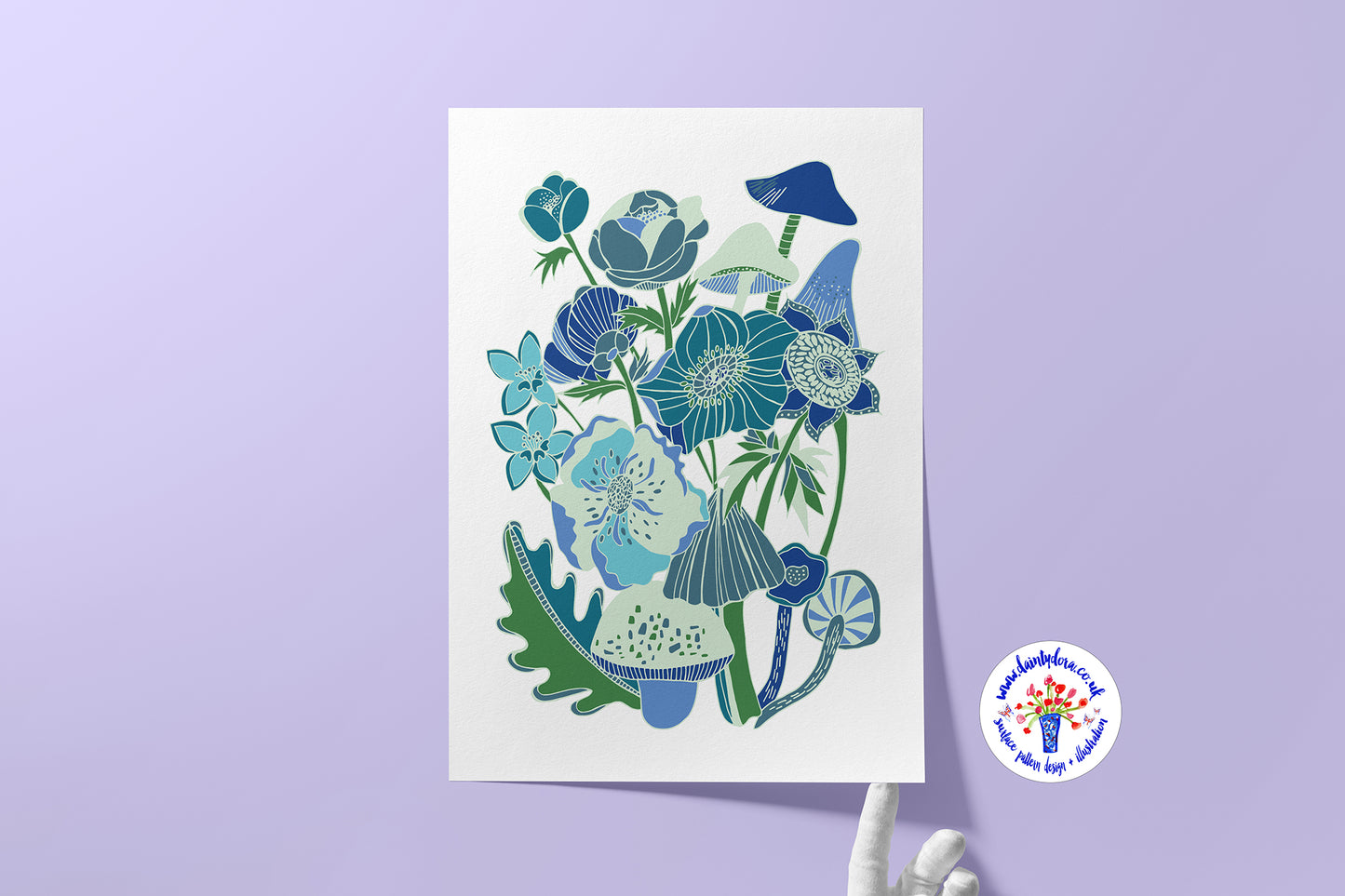 Toadstool Flora & Fauna Stylised Art Print - Cool Blues - A4
