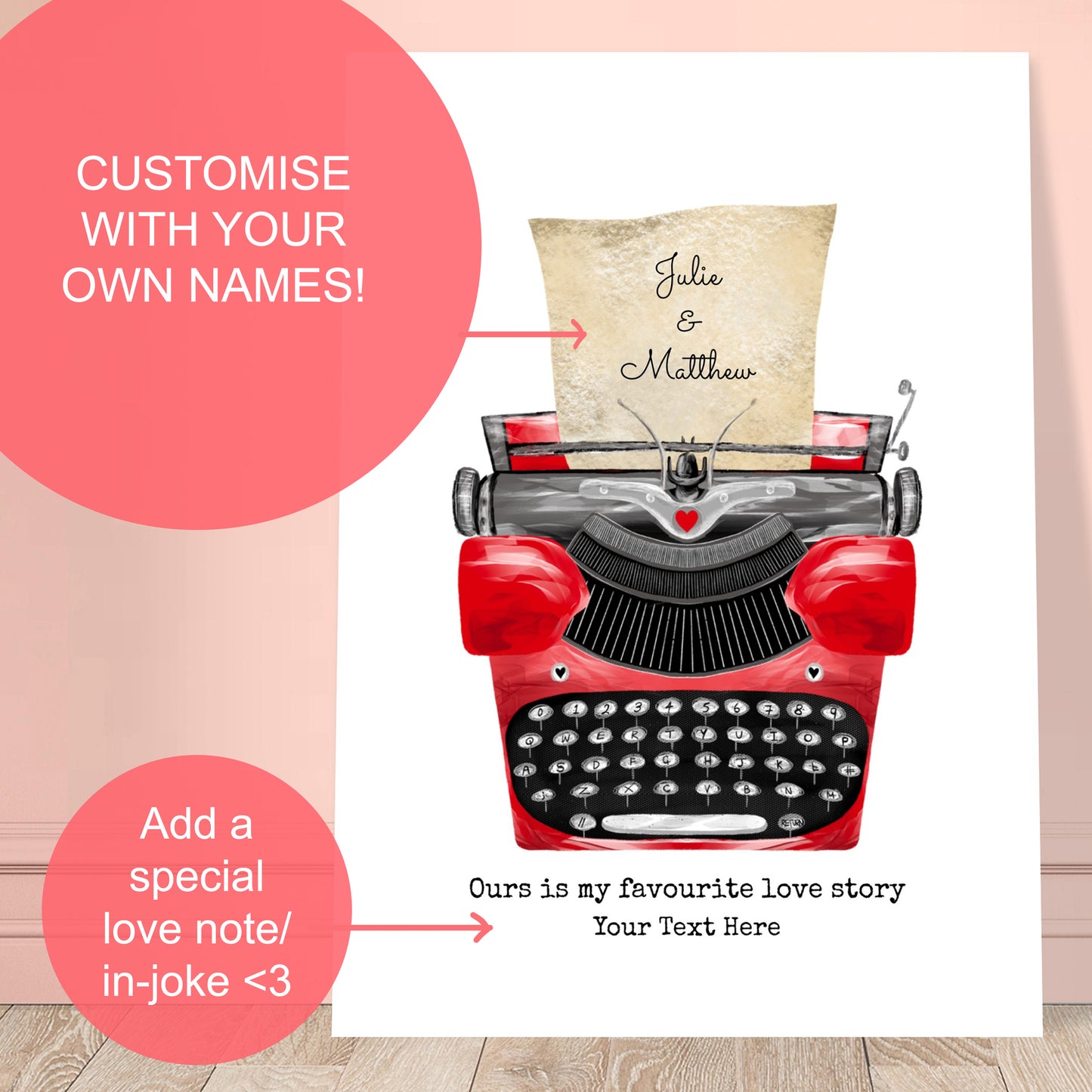 Personalised Red Typewriter Fine Art Print – Romantic Gift for Couples