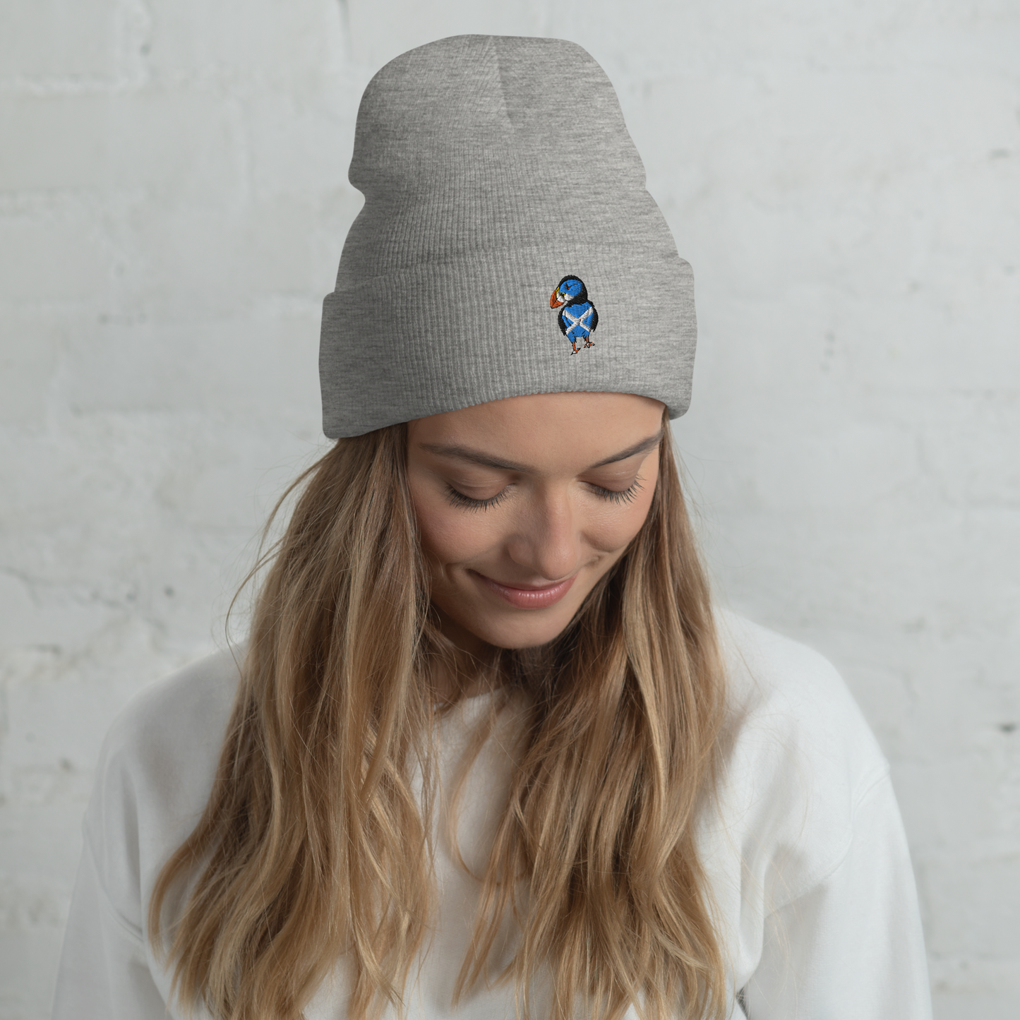 Scottish Saltire Embroidered Puffin Cuffed Beanie