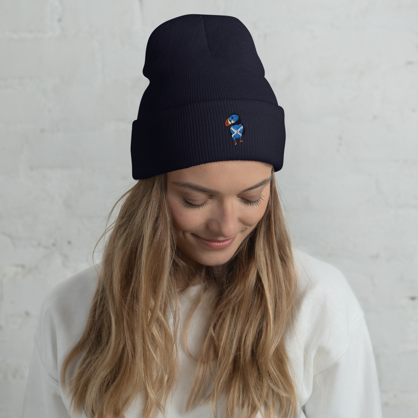 Scottish Saltire Embroidered Puffin Cuffed Beanie