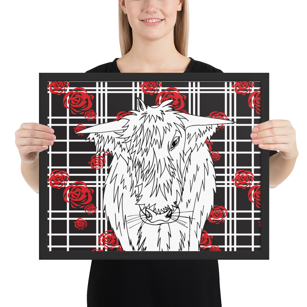 Highland Cow Mackintosh Rose Check Framed Art Print - Black