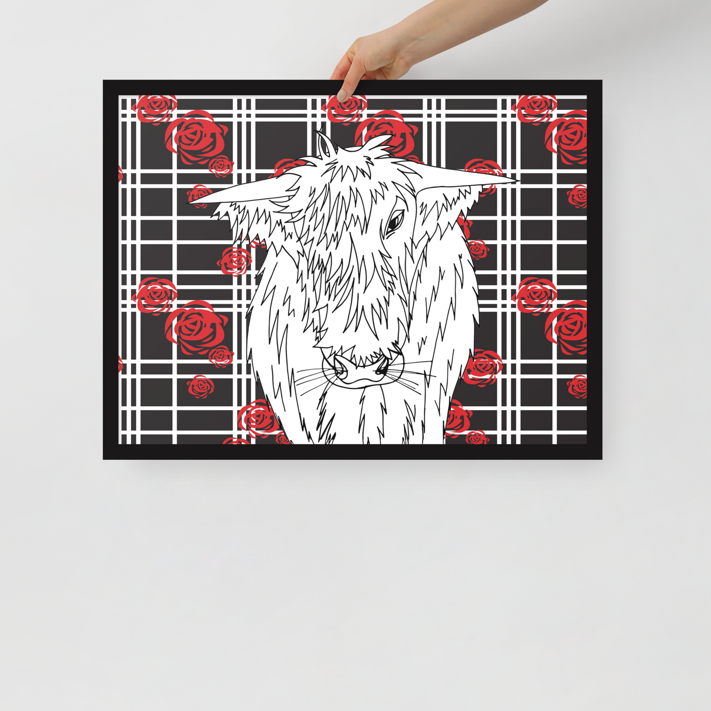 Highland Cow Mackintosh Rose Check Framed Art Print - Black