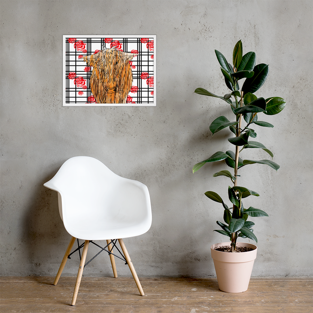 Highland Cow Mackintosh Rose Check Framed Art Print - White