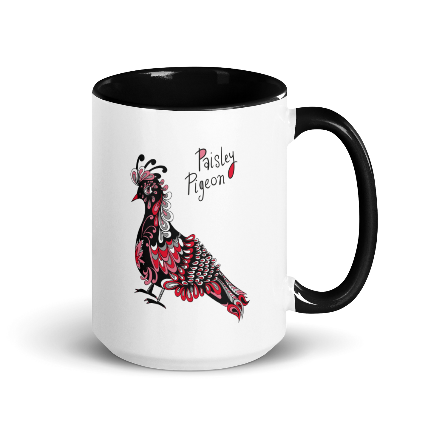 Red Paisley Pigeon Ceramic Mug - coloured rim, inside and handle
