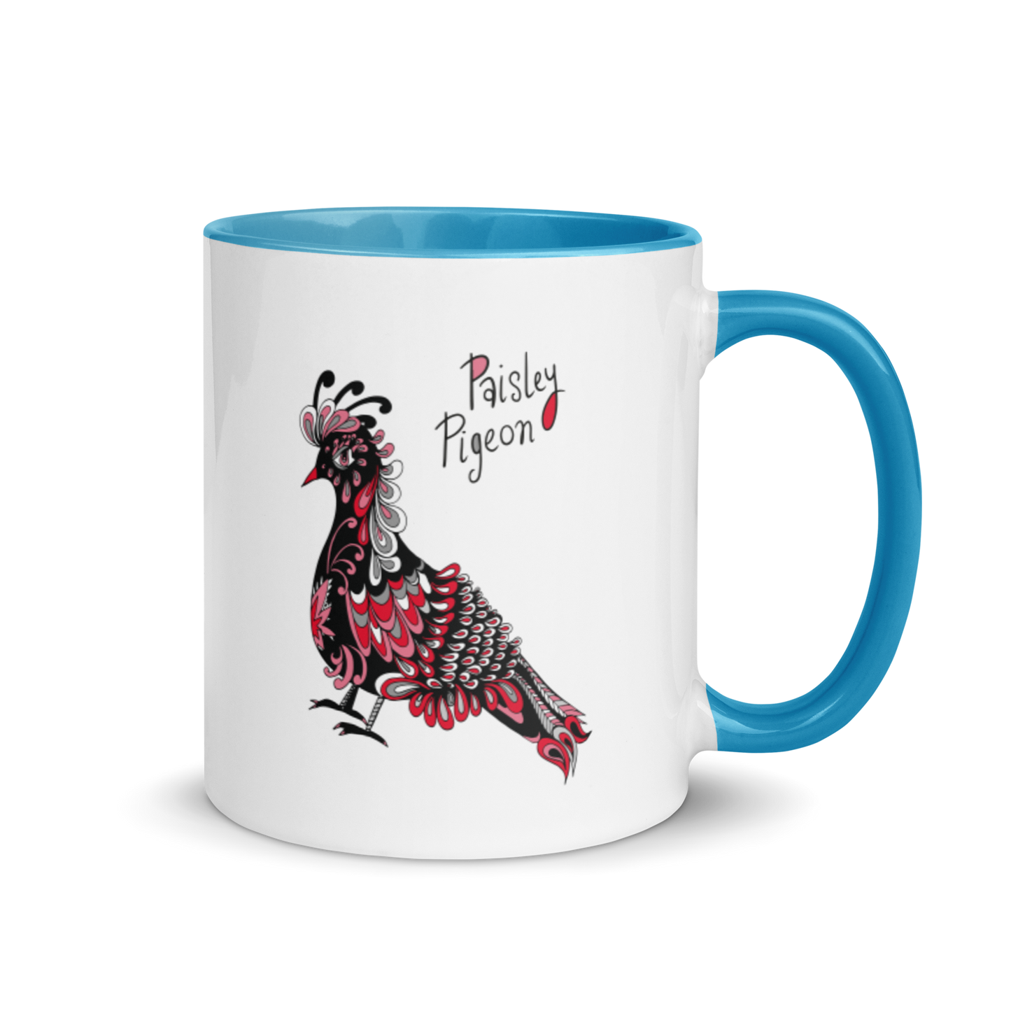 Red Paisley Pigeon Ceramic Mug - coloured rim, inside and handle