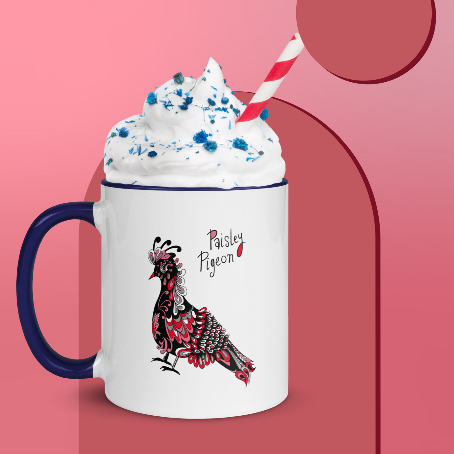 Red Paisley Pigeon Ceramic Mug - coloured rim, inside and handle