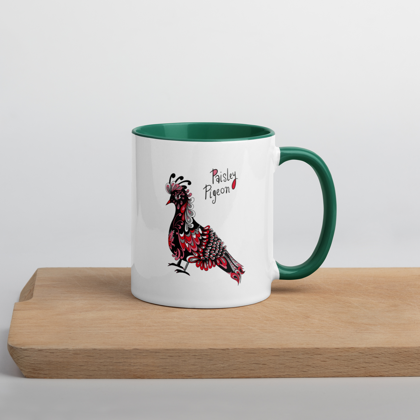Red Paisley Pigeon Ceramic Mug - coloured rim, inside and handle
