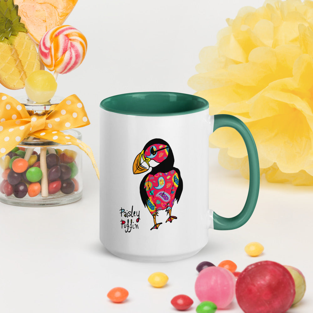 Red Puffin Ceramic Mug with Coloured Inside & Handle
