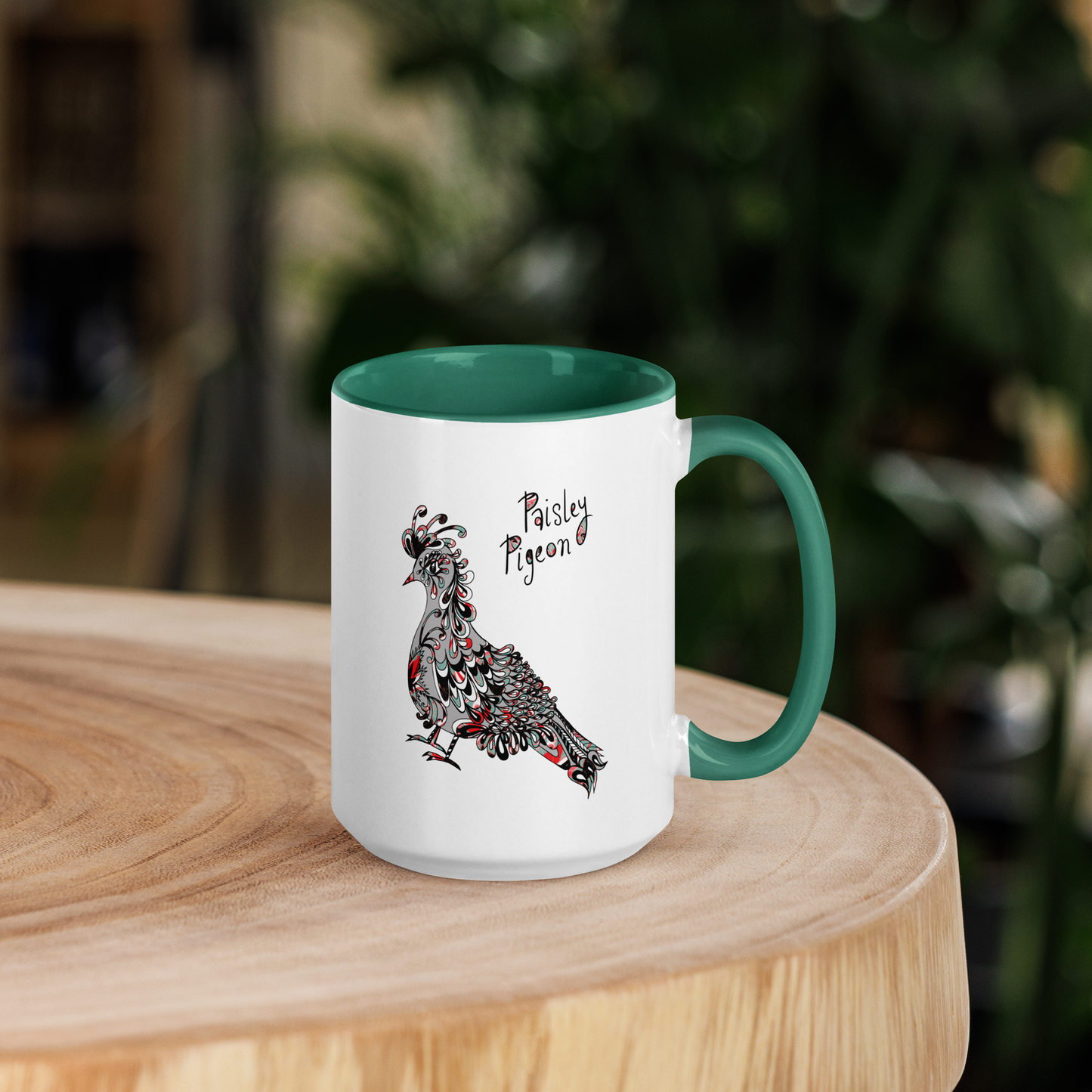 Grey Paisley Pigeon Ceramic Mug - coloured rim, inside and handle