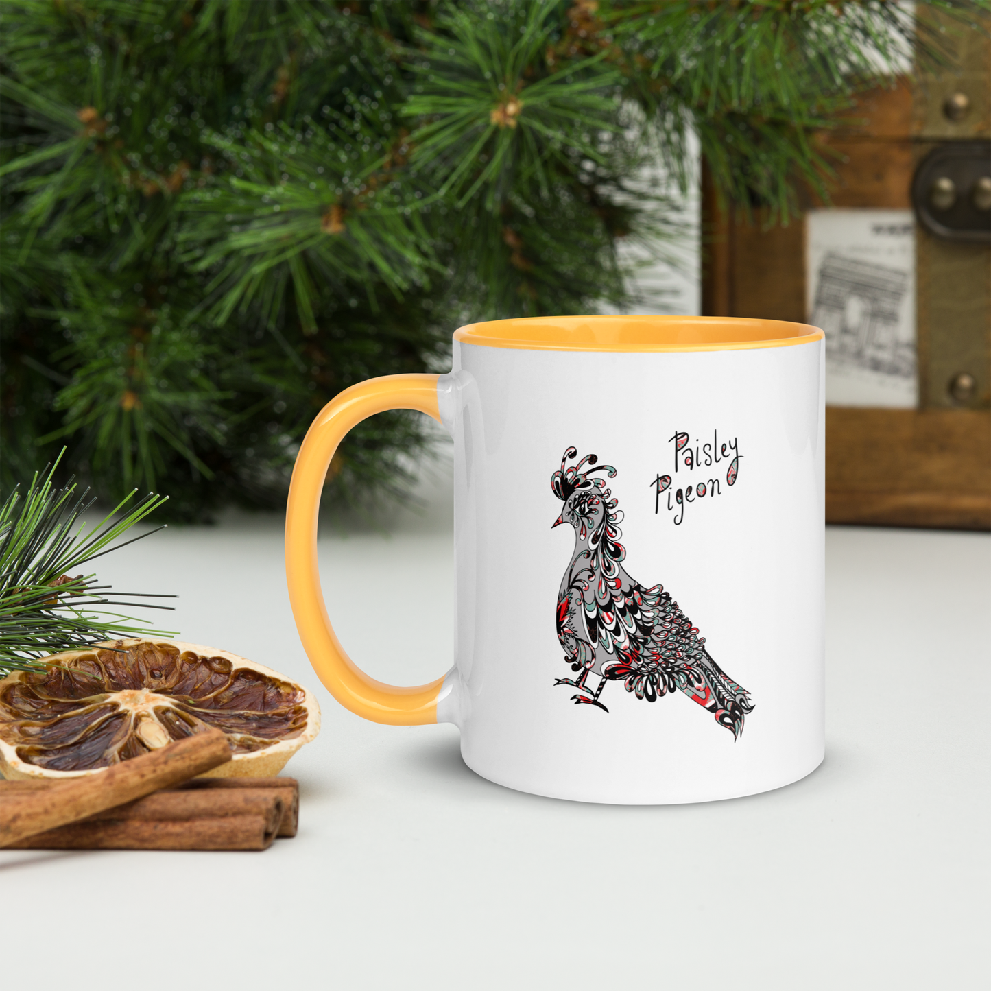 Grey Paisley Pigeon Ceramic Mug - coloured rim, inside and handle