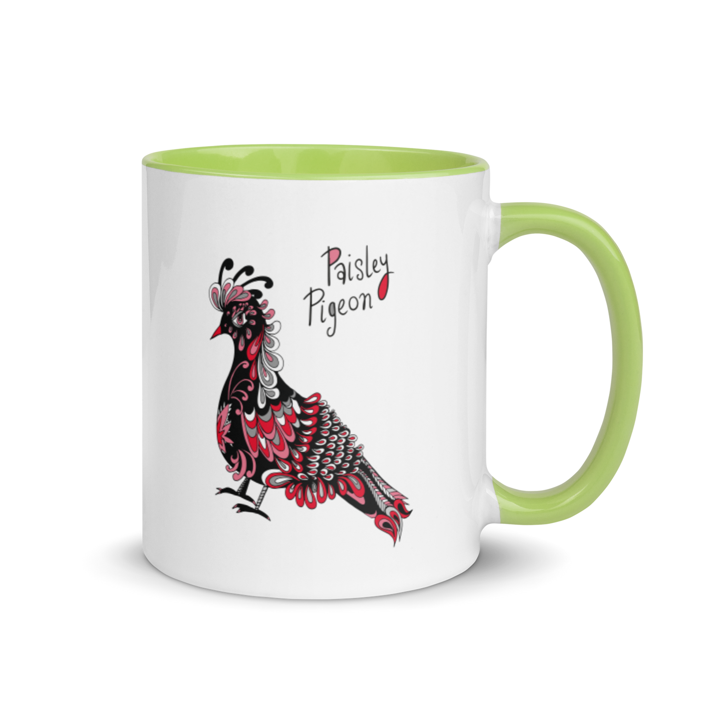 Red Paisley Pigeon Ceramic Mug - coloured rim, inside and handle