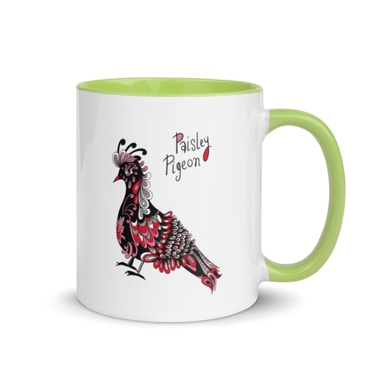 Red Paisley Pigeon Ceramic Mug - coloured rim, inside and handle