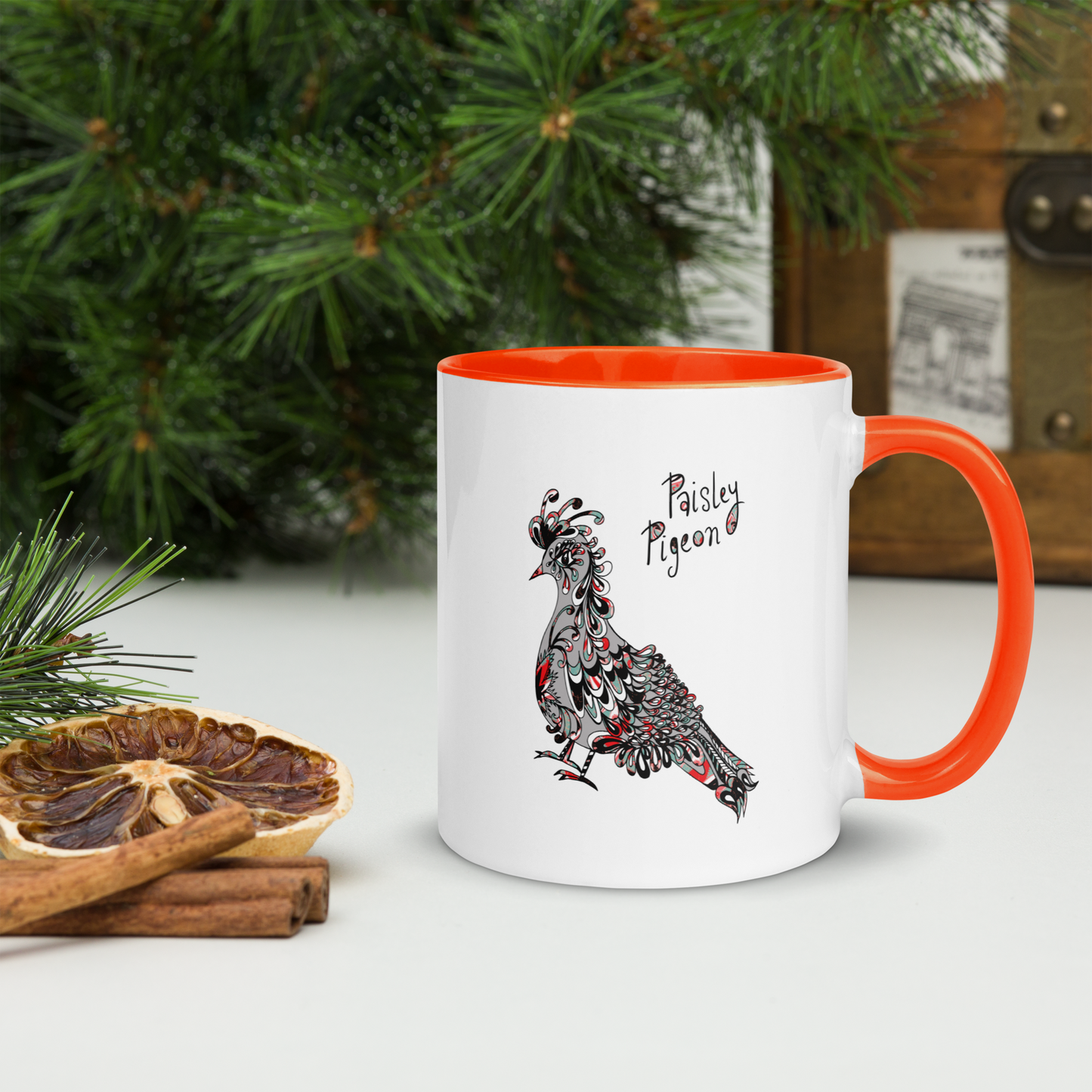Grey Paisley Pigeon Ceramic Mug - coloured rim, inside and handle