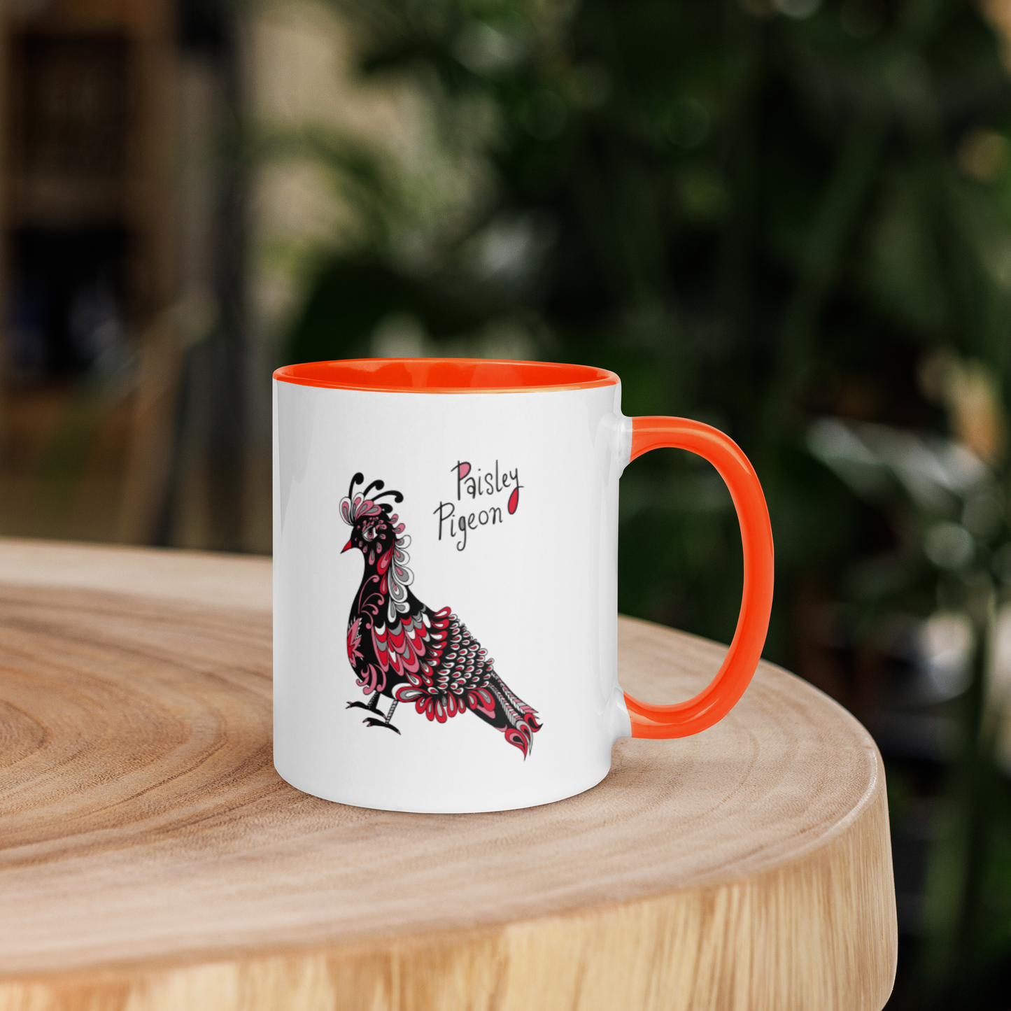 Red Paisley Pigeon Ceramic Mug - coloured rim, inside and handle